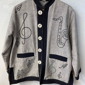 Venus Music Note Print Jacket Cardigan Gray Black Large